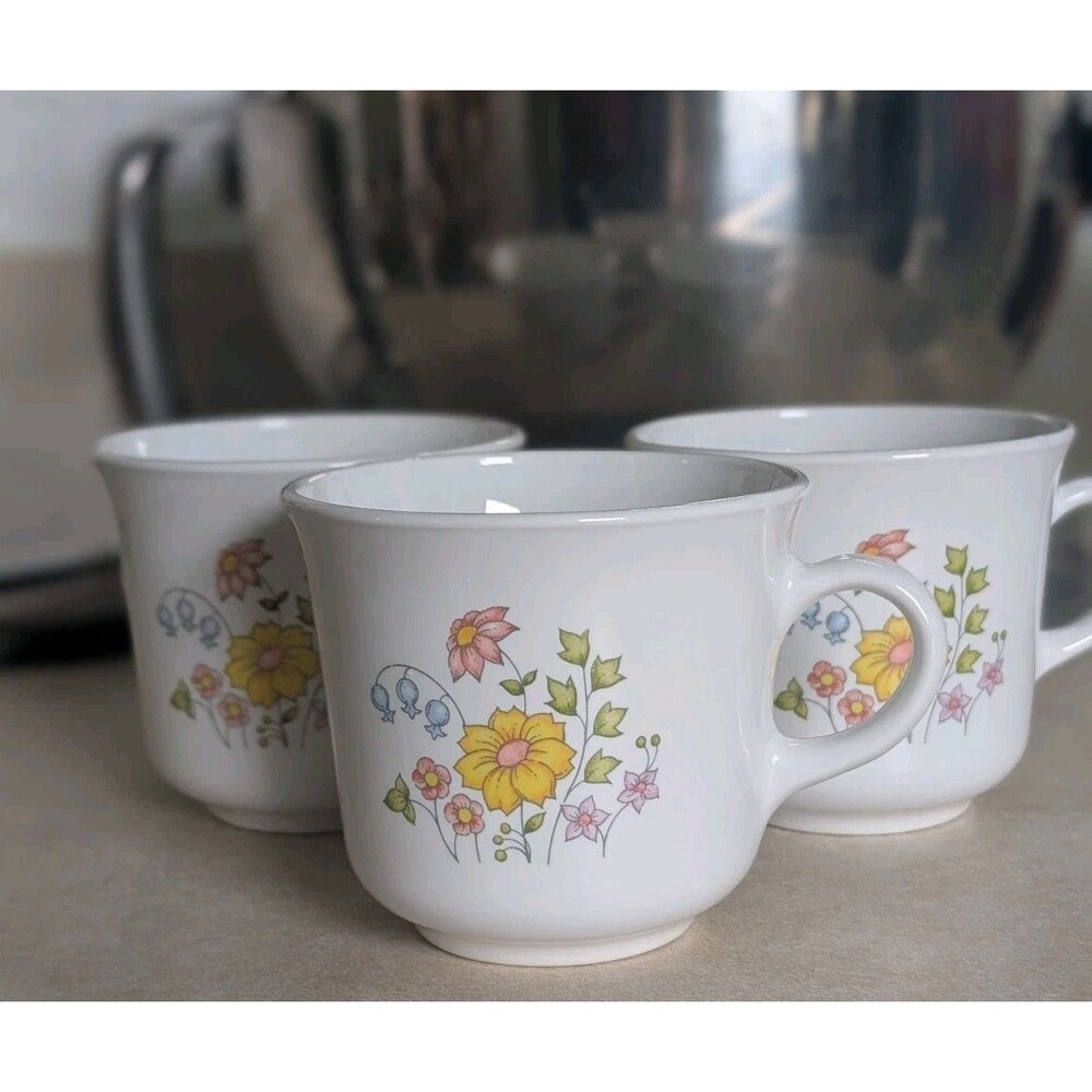 Corelle Floral Decorated Glass Mugs Set of 3 White Multicolor Flowers Tea Cups
